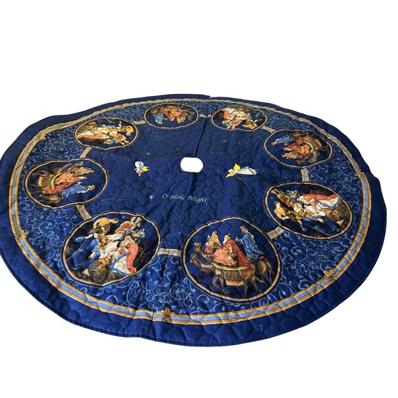 Vtg Nativity Handmade Quilted Lg Christmas Tree Skirt "O Holy Night Holy family - Picture 1 of 13
